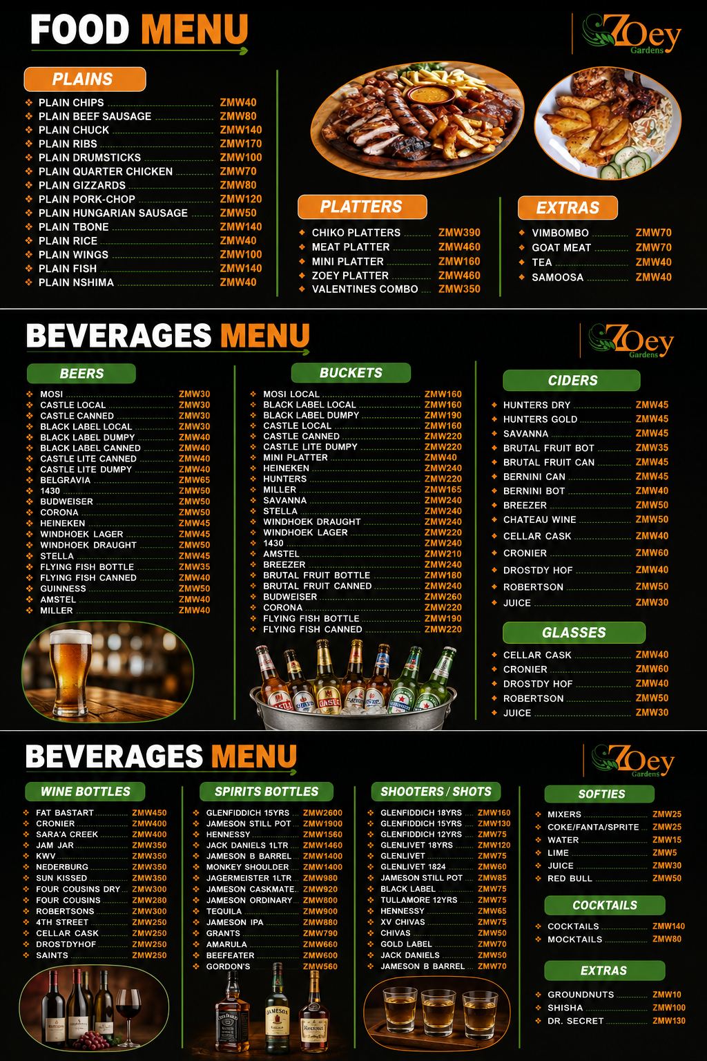 Zoey Gardens Menu